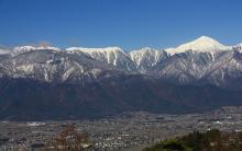 アカマツを切り出した岡田地区から松本平とアルプスを見渡す。 アカマツを切り出した岡田地区から松本平とアルプスを見渡す。